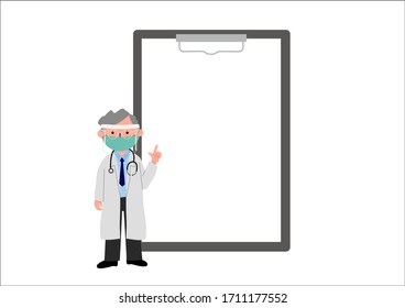 Full Length Of Senior Doctors Wear Mask And Face Shield Pointing At Empty Medical Clipboard And Chart. Vector Illustration.