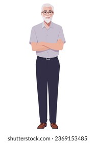 Full length senior man standing arms crossed wearing glasses grey shirt