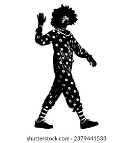 Full length shot of a clown in red costume walking and waving isolated on white background