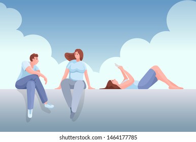 Foto de un joven sentado en una pared en blanco hablando con una joven. Joven tendida bajo el cielo y leyendo un libro. Ilustración vectorial.