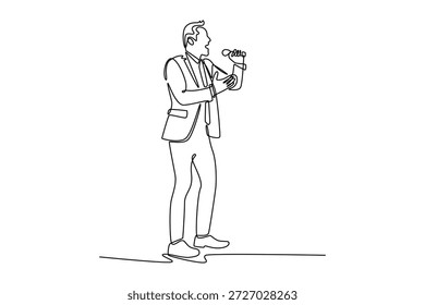 Foto de cuerpo entero de un joven cantando. Concepto de toque personal. Diseño de dibujo de línea única. Ilustración gráfica de Vector