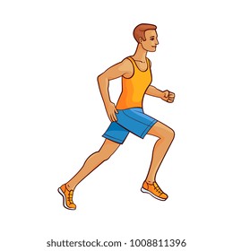 Full length side view portrait of young running man, sportsman, athlete, sketch vector illustration isolated on white background. Hand-drawn sportsman running marathon, full length portrait, side view