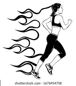 Full length side view  of young running girl with graphic flames, woman, female athlete, sketch vector illustration isolated on white background.