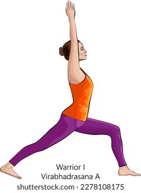 Full length side view of young woman practicing yoga exercise, doing Warrior I pose or Virabhadrasana A. Standing and Balancing. Beginner. Vector illustration isolated on white background.