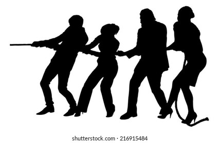 Full length of silhouette business people playing tug of war against white background. Vector image