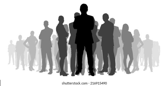 Full length of silhouette business people with arms crossed standing against white background. Vector image