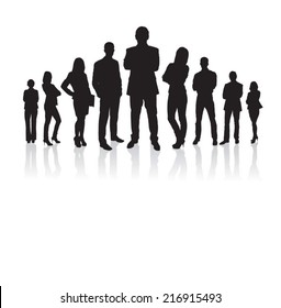 Full Length Of Silhouette Business People With Arms Crossed Standing Against White Background. Vector Image