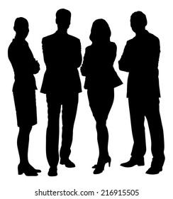 Full length of silhouette business people standing with arms crossed against white background. Vector image