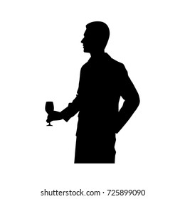 Full length of silhouette businessman with wine glass against white background. Vector image