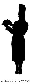 Full length of silhouette chef holding tray against white background. Vector image