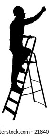 Full length of silhouette construction worker climbing on ladder against white background. Vector image