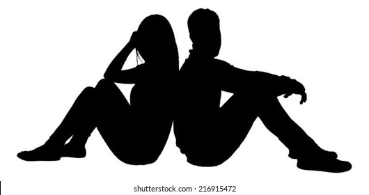 Full length of silhouette couple sitting back to back isolated over white background. Vector image