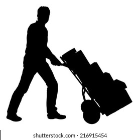 Full length of silhouette delivery man pushing handtruck with packages against white background. Vector image