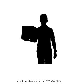 Full length of silhouette delivery man with packages against white background. Vector image