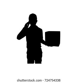 Full length of silhouette delivery man with packages against white background. Vector image