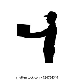 Full length of silhouette delivery man with packages against white background. Vector image