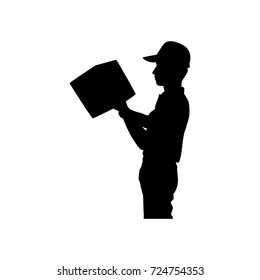 Full length of silhouette delivery man with packages against white background. Vector image