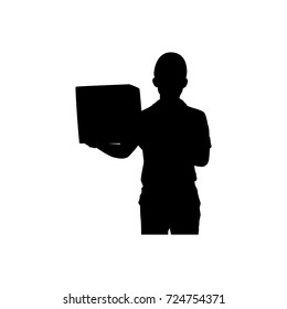 Full length of silhouette delivery man with packages against white background. Vector image