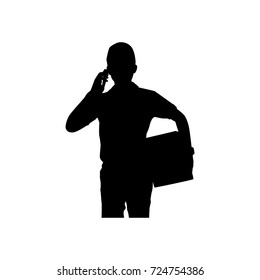 Full length of silhouette delivery man with packages against white background. Vector image