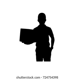 Full length of silhouette delivery man with packages against white background. Vector image