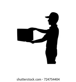 Full length of silhouette delivery man with packages against white background. Vector image