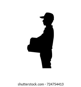 Full length of silhouette delivery man with packages against white background. Vector image