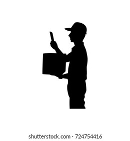 Full length of silhouette delivery man with packages against white background. Vector image