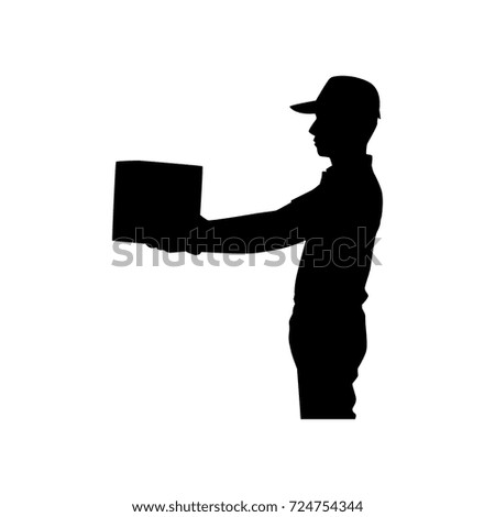 Full length of silhouette delivery man with packages against white background. Vector image