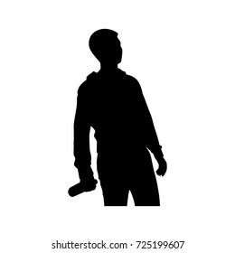 Full length of silhouette drunk boy with beer bottle against white background. Vector image