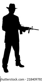 Full Length Of Silhouette Gangster Holding Rifle While Standing Over White Background. Vector Image.
