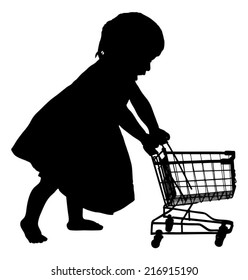 Full length of silhouette girl pushing shopping cart against white background. Vector image