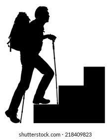 Full length of silhouette hiker with hiking poles and backpack climbing steps over white background. Vector image