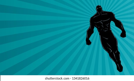 Full length silhouette illustration of powerful superhero looking down while soaring over abstract background.