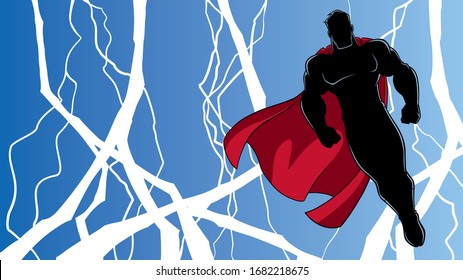 Full length silhouette illustration of powerful superhero looking down while soaring in the sky during a thunderstorm.