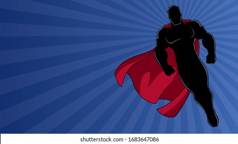 Full length silhouette illustration of powerful superhero looking down while soaring over abstract background.