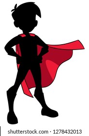 Full length silhouette illustration of superhero boy wearing cape and superhero costume.
