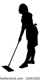 Full length of silhouette maid sweeping floor with mop over white background. Vector image