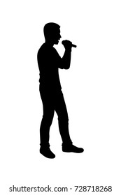 Full length of silhouette man singing with microphone against white background. Vector image