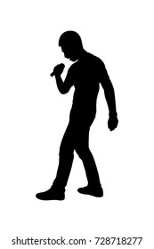 Full length of silhouette man singing with microphone against white background. Vector image