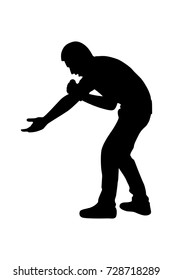 Full length of silhouette man singing with microphone against white background. Vector image