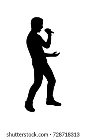 Full length of silhouette man singing with microphone against white background. Vector image