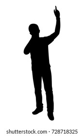 Full length of silhouette man singing with microphone against white background. Vector image