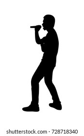 Full length of silhouette man singing with microphone against white background. Vector image