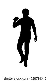 Full length of silhouette man singing with microphone against white background. Vector image