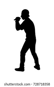 Full length of silhouette man singing with microphone against white background. Vector image
