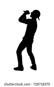 Full length of silhouette man singing with microphone against white background. Vector image