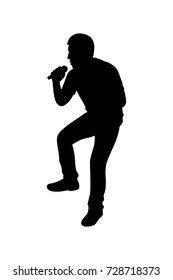 Full length of silhouette man singing with microphone against white background. Vector image