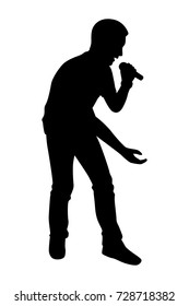 Full length of silhouette man singing with microphone against white background. Vector image