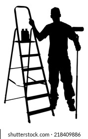 Full length of silhouette painter with ladder standing against white background. Vector image
