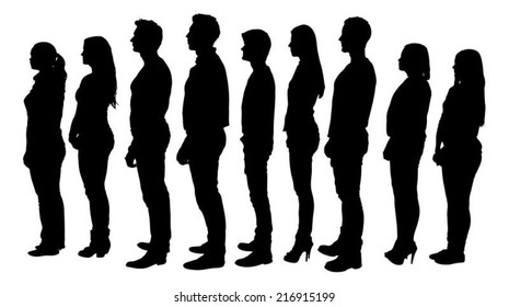 Full length of silhouette people standing in line against white background. Vector image